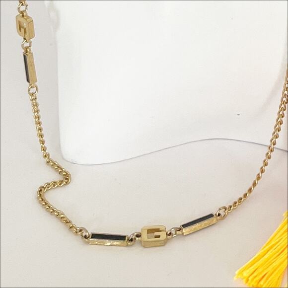 GIVENCHY Vintage Enamel 'G' Station Necklace Black Gold - Picture 3 of 12